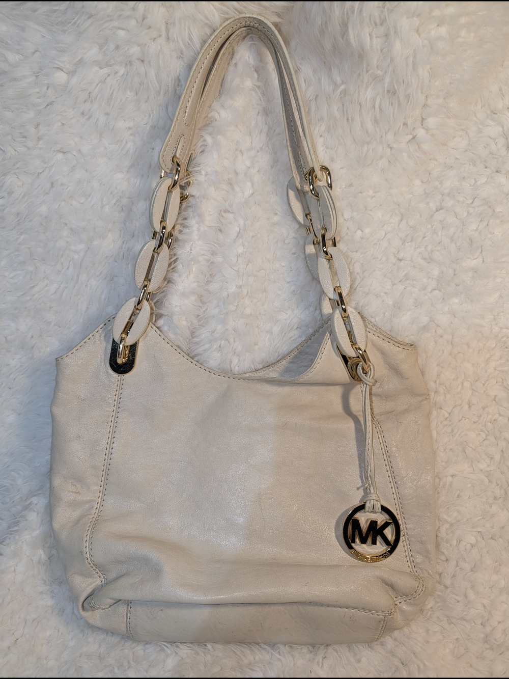 Michael Kors Ivory Leather Shoulder Bag with MK Charm